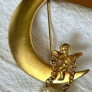 Vintage Crescent Moon Brooch with Cherub and Pearls